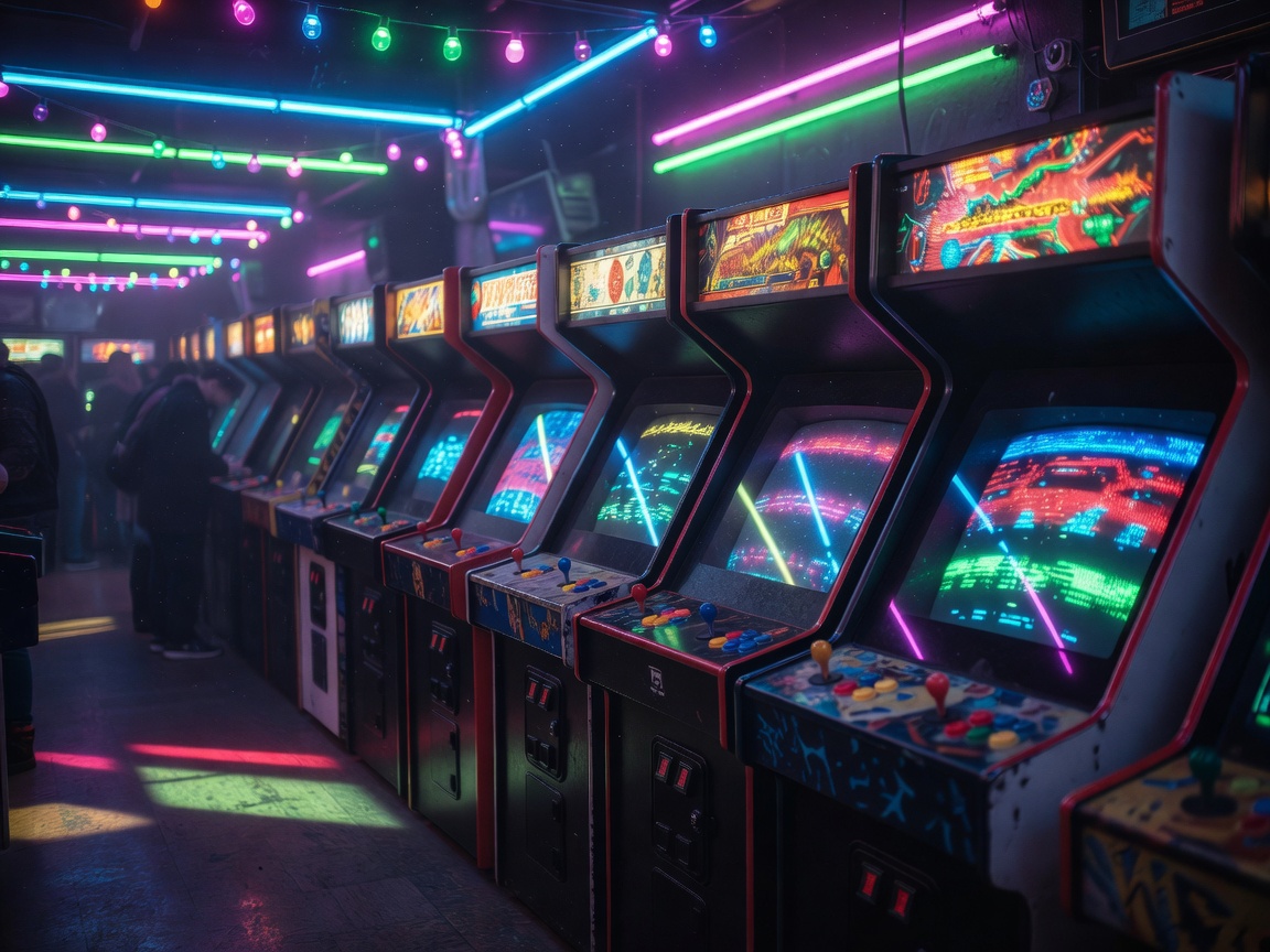 Arcade-kaappeja rivissä värikkäiden valojen alla pelihallissa