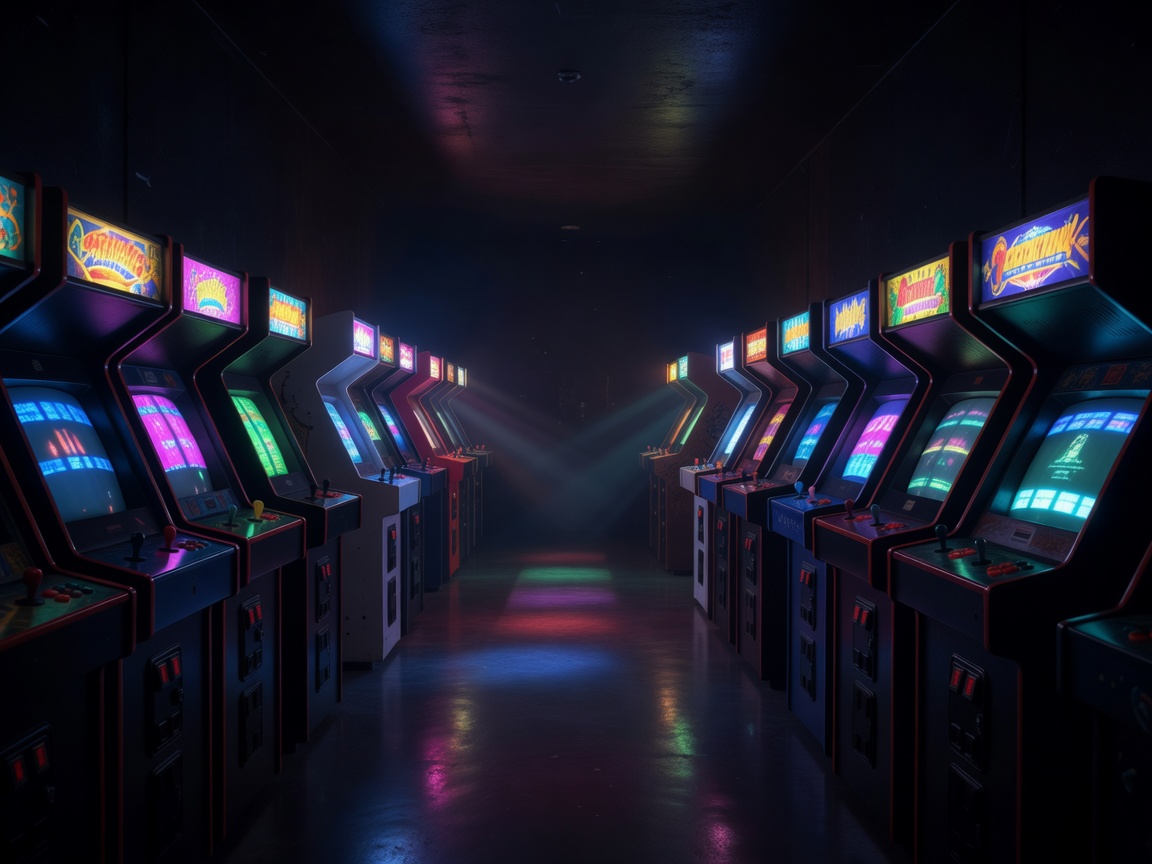 Hämärä pelihalli, jonka arcade-kaapit valaisevat käytävän neonvärein