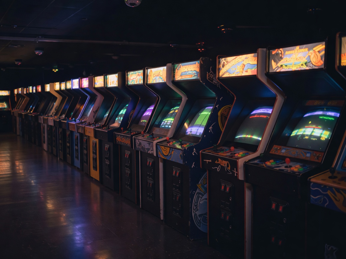 Pitkä rivi valaistuja arcade-kaappeja hämärässä pelihallissa