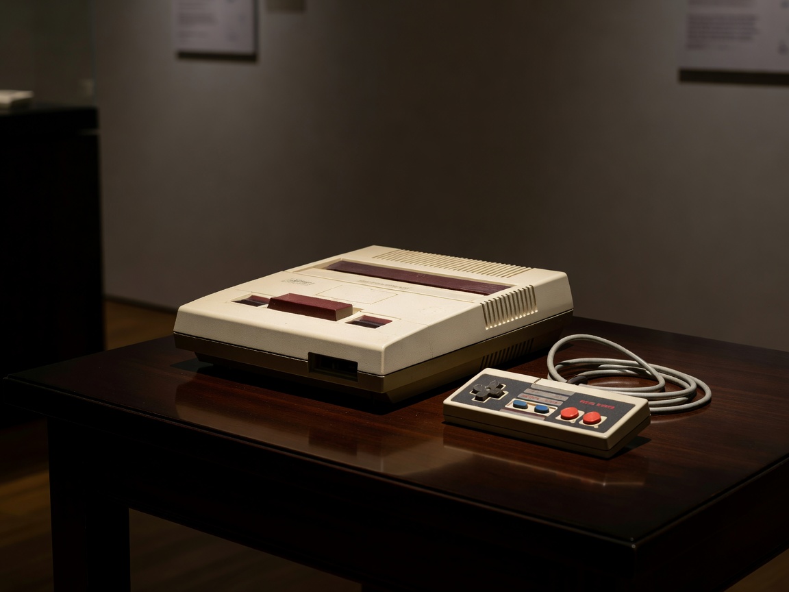 Retropelikonsoli ja ohjain museomaisessa asettelussa pöydällä