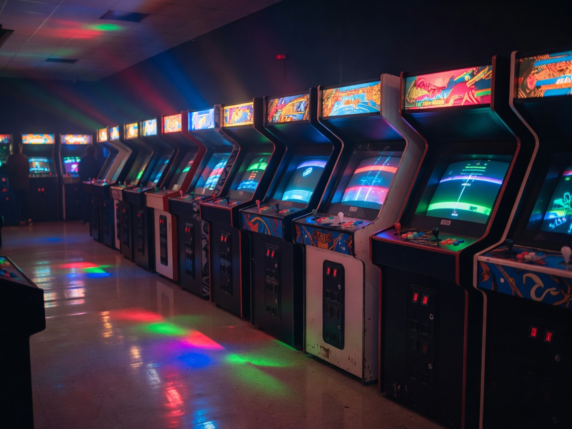 Rivi arcade-kaappeja pelihallissa värikkäiden valojen alla
