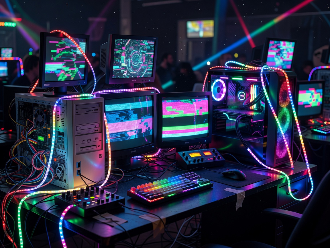 Värikkäiden LED-valojen valaisema tietokonepöytä demoscene-tapahtuman tunnelmassa