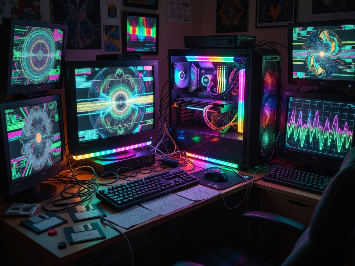 Näyttöjen valaisema pelitila, jossa värikkäät valot muistuttavat demoscene-tapahtumaa